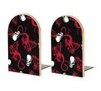 Seamless White Skull and Red Wing Flying Dragon on Dark Black Book Shelf Holder, Bookends Book Stand for School Home Office Desks Library Books Movies DVDs Files Magazines M