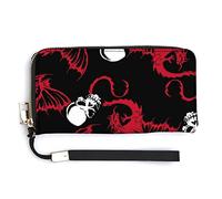 Seamless White Skull and Red Wing Flying Dragon on Dark Black Long Clutch Wallet, Long Handbag with Removable Wristlet Strap, PU Leather Zip Purse, Credit Pass Case Card-Holder for Men Women