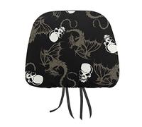 Seamless White Skull with Retro Wings Flying Dragon on Dark Black 1PC Custom Auto Seat Headrest Cover, Universal Car Seat Headrest Cover, Soft Elastic Car Seat Headrest Protector for Car Truck