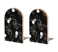 Seamless White Skull with Retro Wings Flying Dragon on Dark Black Book Shelf Holder, Bookends Book Stand for School Home Office Desks Library Books Movies DVDs Files Magazines M