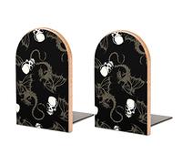 Seamless White Skull with Retro Wings Flying Dragon on Dark Black Book Shelf Holder, Bookends Book Stand for School Home Office Desks Library Books Movies DVDs Files Magazines S