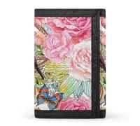 Seamless Yellow Pink Blossoms Flowers with Leaves, Bird Butterflies Trifold Wallet, Stylish Purse With Keychain, Credit Pass Case Card-Holder for Crash Bills Receipts Women Men 5 x 3.3 x 0.2 Inch