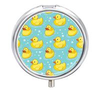 Seamless Yellow Rubber Ducks Swimming on Turquoise Water Bubbles Iron Pill Box Case Organizer with Internal Separate Plastic Dividers, Travel Small Medicine Bag Holder Carrier Round Container