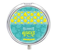 Seamless Yellow Rubber Ducks with Bubbles Turquoise Water Iron Pill Box Case Organizer with Internal Separate Plastic Dividers, Travel Small Medicine Bag Holder Carrier Round Container