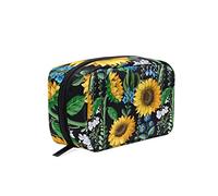 Seamless Yellow Sunflowers Green Leaves Blue Flowers on Black Women's Cosmetic Makeup Bag, With Zipper Portable Travel Toiletry Storage Pouch Bag, Colorful Wallet Purse for Ladies Girls