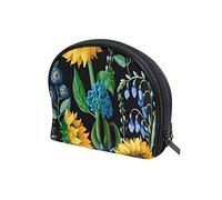 Seamless Yellow Sunflowers Green Leaves Blue Flowers on Black Women's Shell Shape Cosmetic Makeup Bag, With Zipper Travel Toiletry Bag, Colorful Storage Bag for Lady Girl 8 x 2.5 x 5.5 inch