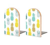 Seamless Yellow Turquoise Teal Green White Pines on White Book Shelf Holder, Bookends Book Stand for School Home Office Desks Library Books Movies DVDs Files Magazines S