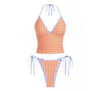 seamoly Contrast Binding Gingham Bowknot Decor Tie Side Tankini Set, Orange, Medium