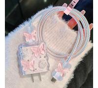 Seanai Case Compatible with iPhone 18W/20W Power Adapters, Lovely Crystal Butterfly Wave Charger Cover, Exquisite Laser-Patterned Cable Protector for iPhone 11-15 Pro Max Charging Cables, Pink2(5in1)