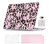 Seanai Case for 2026 Apple MacBook Neo 13" A18 Pro A3404 | Lightweight Scratch-Resistant Hard Shell with Keyboard Skin, Screen Film, Shortcut Sticker & Webcam Privacy Cover, Pink Leopard & Butterfly