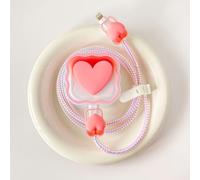 Seanai Charger Protection Set, Compatible with Apple 40W Dynamic Power Adapter (with 60W Max), DIY 3D Heart Wave Gradient Flexible TPU Charger Case + Laser Spiral Data Cable Protector, Pink (5in1)