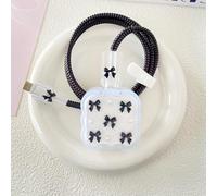 Seanai Charger Protective Set, Compatible with Apple 40W Dynamic Power Adapter (with 60W Max), DIY 3D Bowknot Wave Transparent Flexible TPU Charger Case + Spiral Data Cable Protector, Black Bow(5in1)