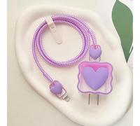 Seanai Cover Compatible with iPhone 18W/20W Charger, DIY 3D Love Heart Waves Clear Soft TPU Charger Protector, Cute Data Cable Saver for iPhone 11 12 13 14 15 Pro Max Power Adapter, Purple (5in1)