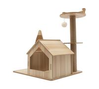 SEANANBO Wooden Cat Tree with Condo & Scratching Posts, 17.64 lbs Load Capacity Modern Beige Cat Tower for Indoor Cats, Multi-Level Floor-to-Ceiling Structure with Plush Ball