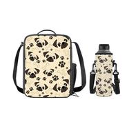 SEANATIVE 2 Piece Cute Pug Dog Zipper Lunch Bag School Lunch Container with Drinking Bottle Holder Case for Kids, Portable Travel School Supplies
