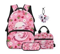SEANATIVE 4-in-1 Axolotl Backpack Set for Girls Ages 9-12 : Sweet Bookbag with Tablet Sleeve - Lightweight for School - Includes Lunch Box, Pencil Case and Charm