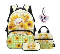 SEANATIVE 4-in-1 Axolotl Elementary Backpack for Girls 9-12: Sunflower Bookbag with Tablet Sleeve - Lightweight for Classroom & After-School - Includes Lunch Box Pencil Case & Axolotl Pendant