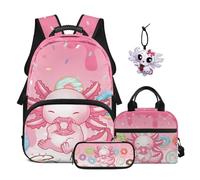SEANATIVE 4-in-1 Axolotl School Backpack Set for Kids 9-12: Pink Bookbag with Lunch Box, Pencil Case and Axolotl Pendant - Sweet & Easy to Clean