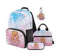 SEANATIVE 4-in-1 Capybara School Backpack Set for Girls Ages 9-12: Bookbag with Tablet Sleeve - Lightweight for Classroom & After-School - Includes Lunch Box Pencil Case & Pendant