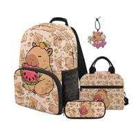SEANATIVE 4 Pcs Capybara Backpack Set for Kids Ages 9-12: Cute Watermelon Print School Bag with Lunch Box, Pencil Case and Capybara Pendant - Durable & Functional