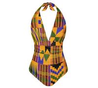SEANATIVE African Kente Print Swimsuit for Women High Waisted Bikini Halter Push Up Tummy Control Bathing Suit Soft One Piece Swimwear