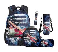 SEANATIVE Airplane Backpack Set of 5 Vintage 17 Inch Soft Backpack with Lunch Bag Pencil Pouch for 9-12 Years Old Elementary to Middle School Gift for Brother