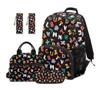 SEANATIVE Alphabet Animal Print Kids Backpack Set for Boys 9-12 Years Old, 17 Inch 5 Pcs School Bag with Lunch Box, Pencil Case & 2 Bookmarks for Middle School