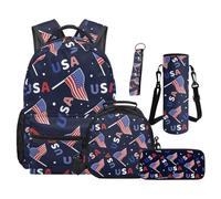 SEANATIVE American Flag Backpack Set of 5 Fashion 17 Inch Adjustable Padded Straps Backpack with Lunch Box Pencil Pouch for 9-12 Years Old Kids Middle School School Supply Set