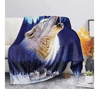 SEANATIVE Animal Wolf&Full Moon Print Flannel Throw Blanket,Super Soft Luxurious Plush Blanket Throw,Dark Blue-XL