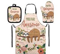SEANATIVE Aprons Set with Microwave Oven Mitts Pot Holder Set 3 Packs Awesome Sloth Bear Gifts Cooking Long Aprons