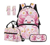 SEANATIVE Axolotl 17 Inch Backpack Set for Kids 9-12 Years Old, Daisy Backpack with Lunch Box 5 Pcs Set Breathable School Bag with Pencil Case & 2 Bookmarks for Middle School