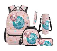 SEANATIVE Axolotl Backpack Set 5 Pcs Cartoon 17 Inch Waterproof Backpack with Lunch Bag Pencil Pouch for 9-12 Years Old Middle School Cute Kids School Bags