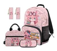SEANATIVE Axolotl Backpack Set 5 Pcs Cartoon 17 Inch Waterproof Backpack with Lunch Bag Pencil Pouch for 9-12 Years Old Middle School Cute Kids School Bags