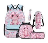 SEANATIVE Axolotl Backpack Set 5 Pcs Cute 17 Inch Large Capacity Backpack with Lunch Bag Pencil Case for 9-12 Years Old Teens Elementary to Middle School