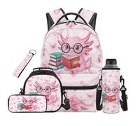 SEANATIVE Axolotl Backpack Set 5 Pcs Cute Print Water Resistant Backpack with Lunch Bag Pencil Case for 9-12 Years Old Elementary to Middle School Cartoon Bookbag