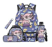 SEANATIVE Axolotl Backpack Set 5 Pcs Math Print 17 Inch Cartoon Backpack with Lunch Bag Pencil Case for 9-12 Years Old Elementary to Middle School Cute Bookbag