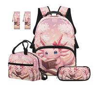 SEANATIVE Axolotl Backpack Set 5 Pcs Pink 17 Inch Waterproof Backpack with Lunch Bag Pencil Pouch for 9-12 Years Old Middle School Cute Kids School Bags