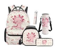 SEANATIVE Axolotl Backpack Set 5 Pcs Pink Cherry 17 Inch Water Resistant Backpack with Lunch Bag Pencil Case for 9-12 Years Old Elementary to Middle School Cute Bookbag