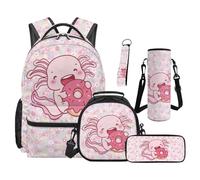 SEANATIVE Axolotl Backpack Set for 9-12 Years Old 5 Pcs Floral 17 Inch Lightweight Bookbag with Insulated Lunch Bag Pencil Case for Elementary School Gift for Daughter