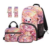 SEANATIVE Axolotl Backpack Set for 9-12 Years Old 5 Pcs Rainbow 17 Inch Lightweight Bookbag with Insulated Lunch Bag Pencil Case for Elementary School Gift for Daughter