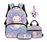 SEANATIVE Axolotl Backpack Set for Girls 9-12 Cartoon 4 Pcs Bookbag Set Complete with Insulated Lunch Box, Pencil Case and Axolotl Pendant - Lightweight & Water Resistant
