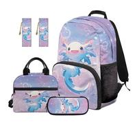 SEANATIVE Axolotl Backpack Set of 5 Blue 17 Inch Soft Backpack with Lunch Bag Pencil Pouch for 9-12 Years Old Elementary to Middle School Cute Kids School Bags