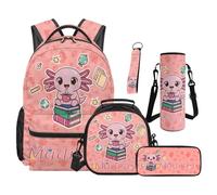 SEANATIVE Axolotl Backpack Set of 5 Custom Name 17 Inch Soft Backpack with Lunch Bag Pencil Pouch for 9-12 Years Old Elementary to Middle School Gift for Sister