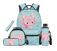 SEANATIVE Axolotl Backpack Set of 5 Cute 17 Inch Soft Backpack with Lunch Bag Pencil Case for 9-12 Years Old Elementary to Middle School Gift for Daughter