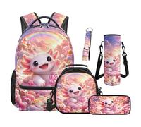 SEANATIVE Axolotl Backpack Set of 5 Pink 17 Inch Soft Backpack with Lunch Bag Pencil Case for 9-12 Years Old Elementary to Middle School Gift for Sister