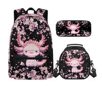 SEANATIVE Axolotl Cherry Blossom Set of 3 School Backpack for Girls, Softy Shoulder Schoolbag with Pen Pencil Storager and Lunch Box Meal Holder for Student Casual Daypack Laptop Rucksack