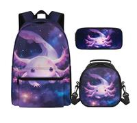 SEANATIVE Axolotl Galaxy Shoulder Straps Backpak 3 Pieces for Boys Girls, Comfortable School Bookbag Laptop 17'' Rucksack with Thermal Lunch Box and Pencil Case, Multifunction