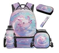 SEANATIVE Axolotl Girls Backpack Set of 5 Large Capacity 17 Inch Soft Backpack with Lunch Box Pencil Case for 9-12 Years Old Elementary to Middle School Kawaii School Bags