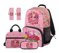 SEANATIVE Axolotl Kids Backpack Set 5 Pcs 17 Inch Waterproof School Bag Set for Girls 9-12 Years Old Pink Floral Print Bookbag with Lunch Box, Pencil Case & 2 Bookmarks
