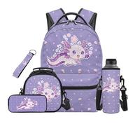 SEANATIVE Axolotl Kids Backpack Set 5 Pcs Cartoon 17 Inch Water Resistant Backpack with Lunch Bag Pencil Case for 9-12 Years Old Elementary to Middle School Cute Bookbag
